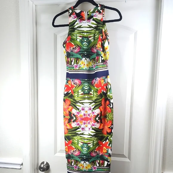 New York & Company Women Red And Green Floral Sleeveless Midi Dress Size XS - Picture 3 of 11